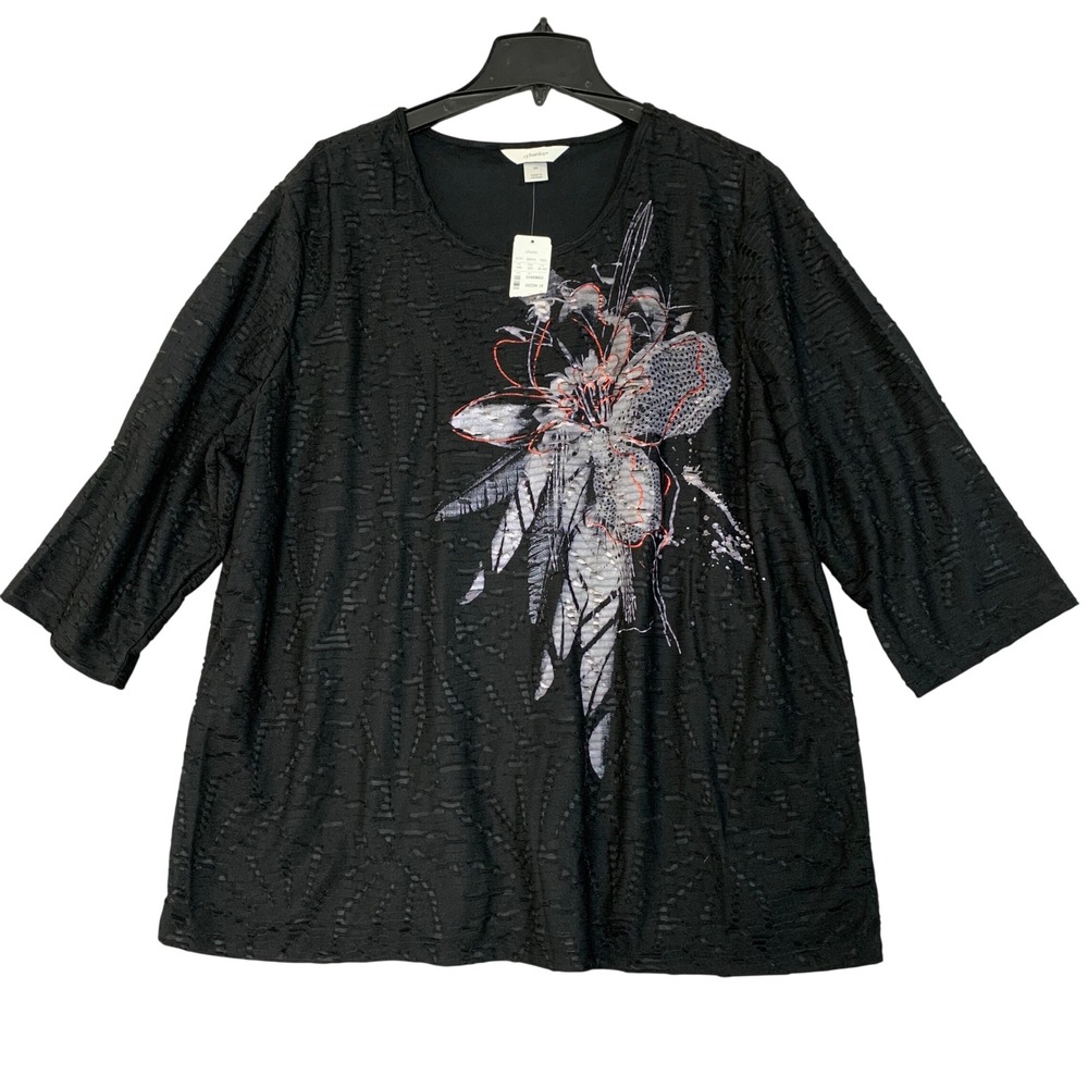 NWT CJ Banks Women's 2X Black Floral Graphic Textured Cut out Top